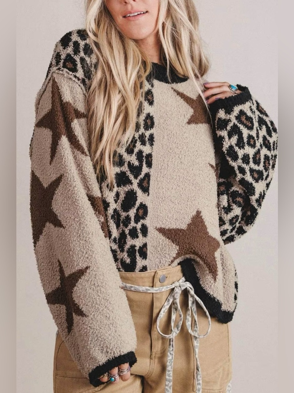Leopard Star Pattern Round Neck Long Sleeve Shift Sweater - Picture 2 of 15